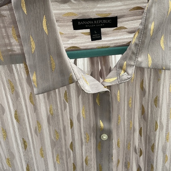 BANANA REPUBLIC Holiday top Taupe Gold w Ties Dillon shirt blouse , SZ L - Picture 6 of 8